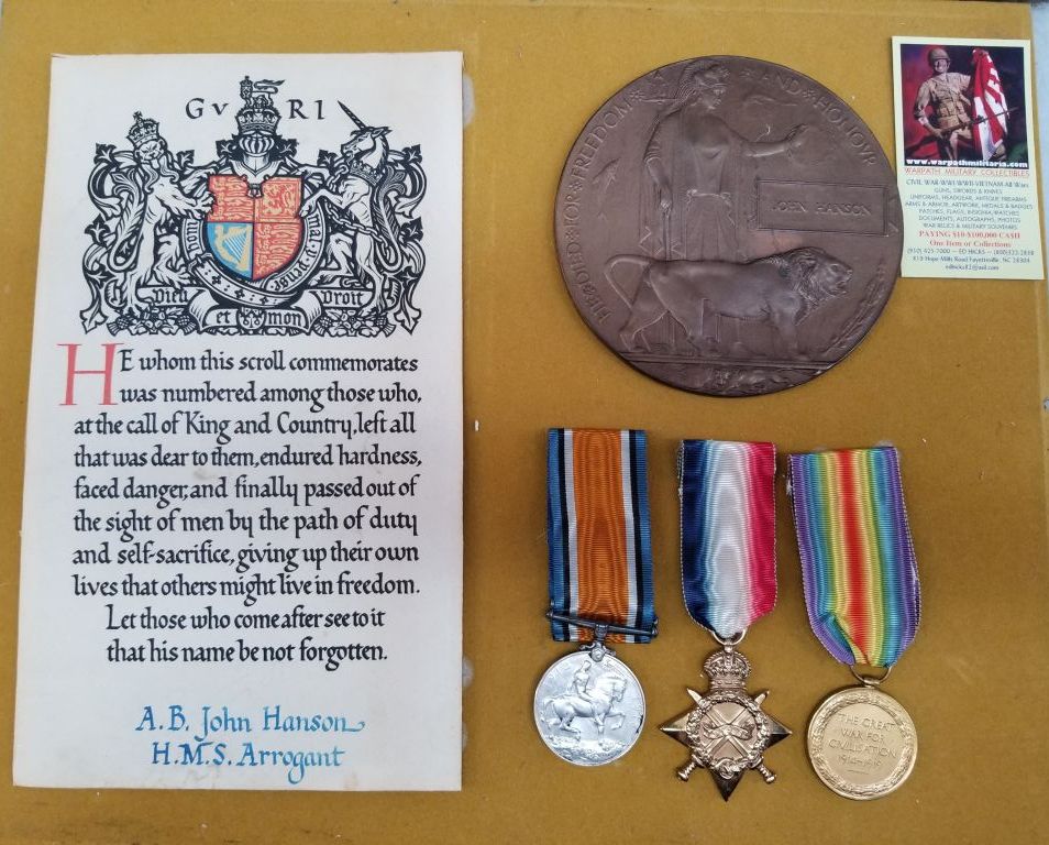 WW1 British Memorial Plaque and Medals Grouping to Royal Navy Able Seaman John Hanson H.M.S. Arrogant