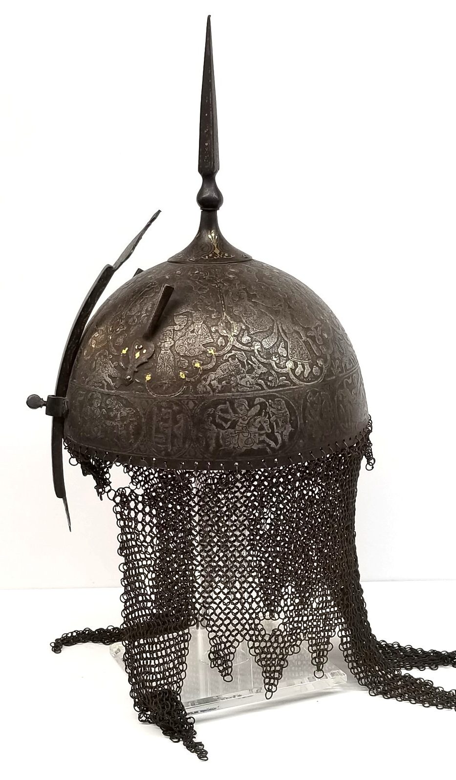 Antique Islamic warrior's etched koftgari steel helmet Indo-Persian Kula Khud