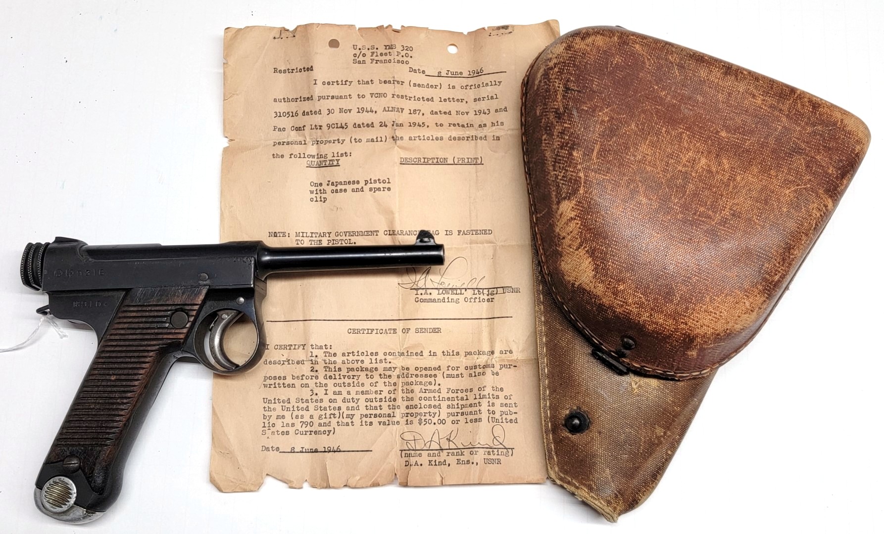 WWII Japanese Type 14 Nambu Pistol and Holster set with war trophy document.
