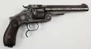 Antique SMITH & WESSON NEW MODEL NO. 3 RUSSIAN SILVER DAMASCENE .44 CAL. REVOLVER