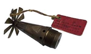 Original WWII Imperial Japanese Navy Type 97 Tail Fuze (U.S. Designation B-6 Rail Initiator) with Original Red Safety Warning Tag – Inert